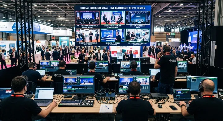 Global Industrie for GL Events: 6-channel simultaneous live broadcast gallery, 8 video galleries, 4 days non-stop